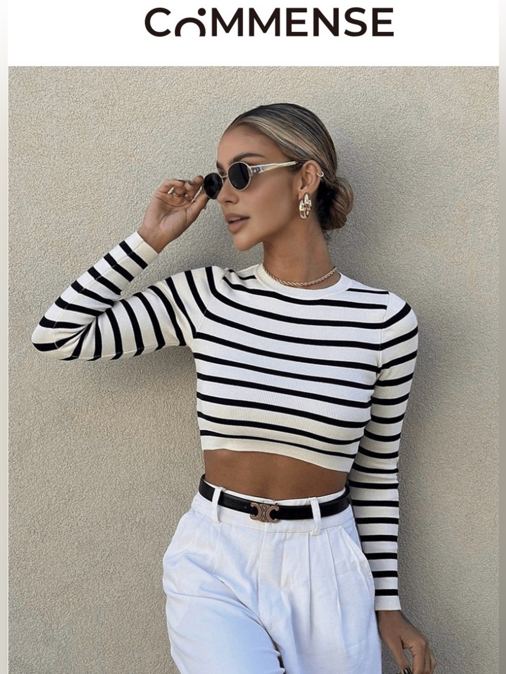 Commense Black & White Striped Cropped Crewneck Long Sleeve Size Small NWT